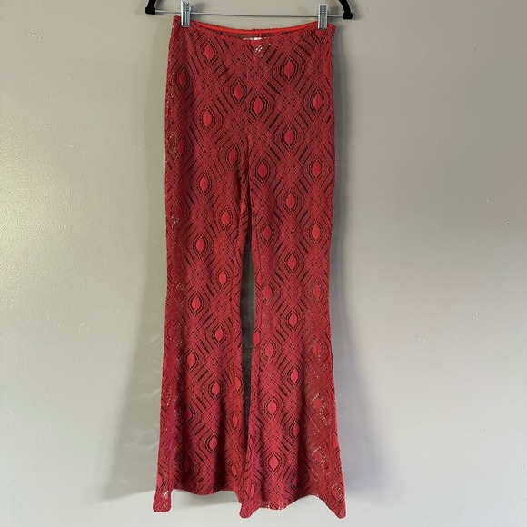Urban Outfitters Tasha Sheer Eyelet Lace Flare Pants | Rust Orange SZ 0 - Picture 1 of 8